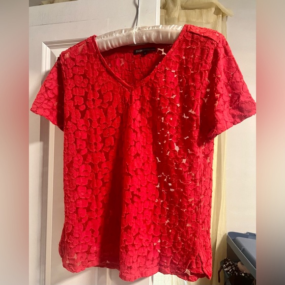 Maje Cotton-Blend Trompette V Neck Lace Red Top - Size 2 / Small - Picture 1 of 4